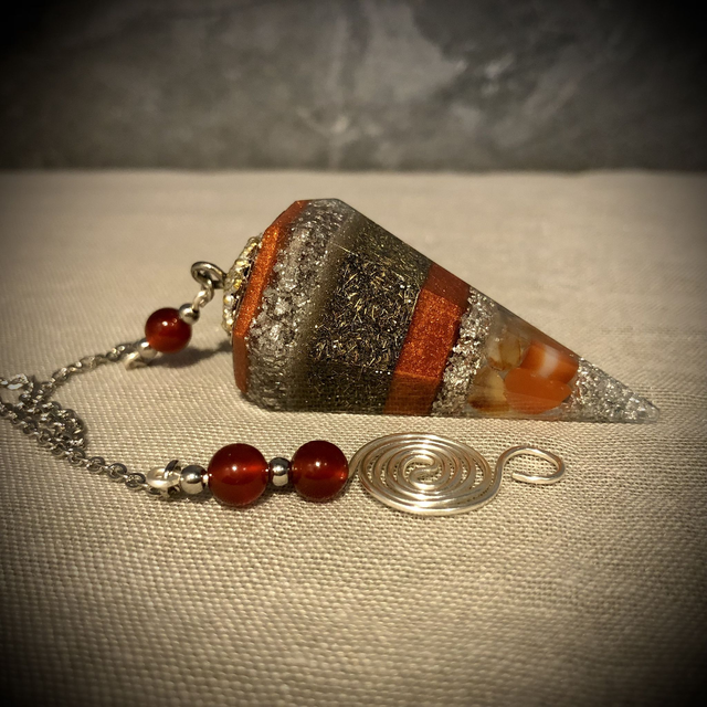 Crystal Energy Hexagonal Pendulum with Carnelian and silver leaf