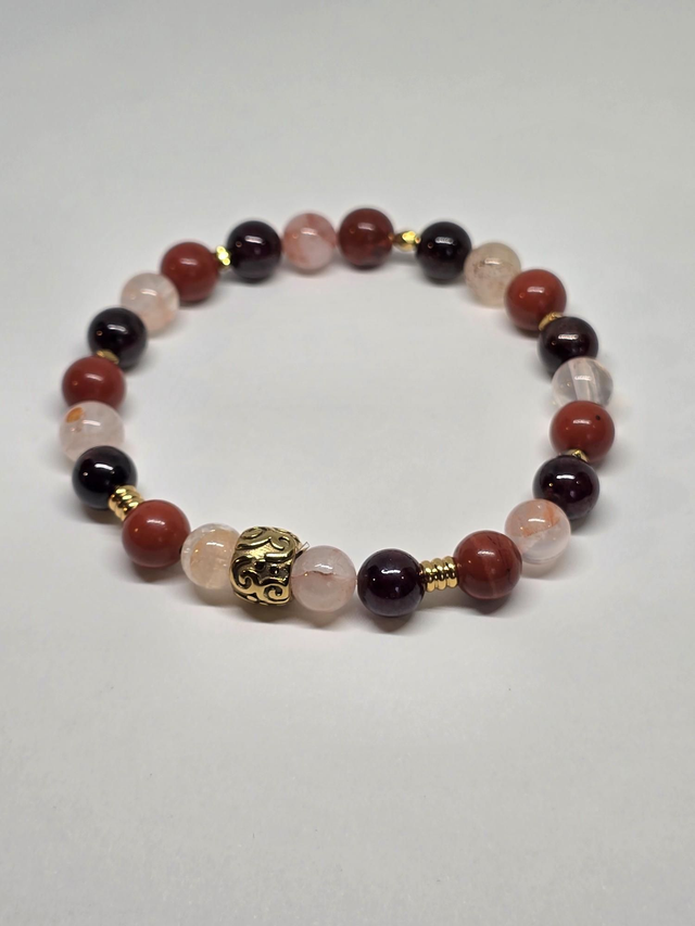 Bracelet Énergie vitale : Grenat, Jaspe rouge, Quartz hématoïde en 0,8 cm