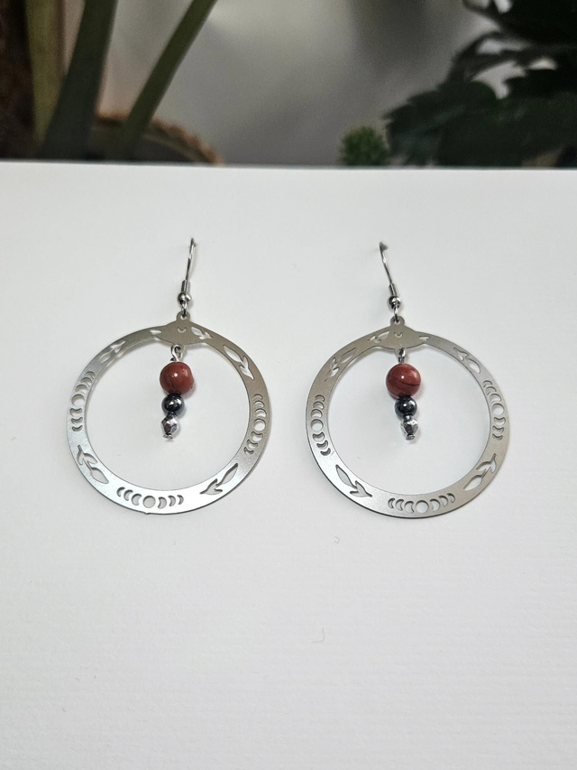 Paire de boucles Phases lune jaspe rouge