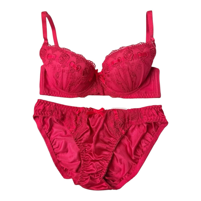 Red lace embroidered floral Japanese Bra + Underwear Set UK 30A