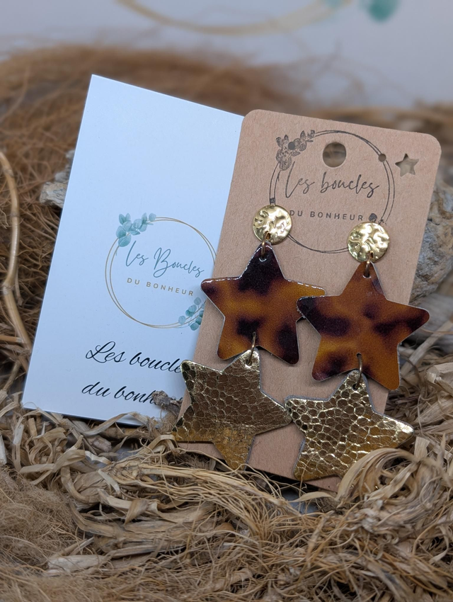 Boucles d&#039;oreilles Double star doré léopard ds021