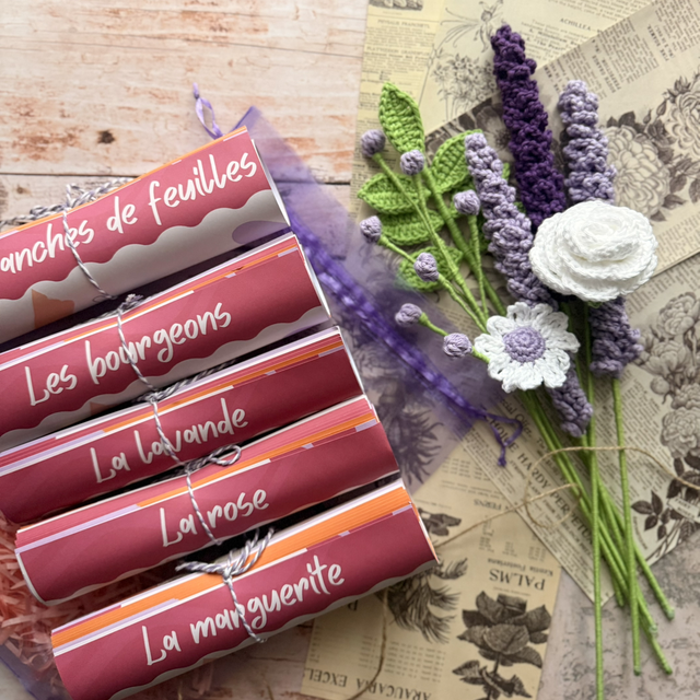 Kit bouquet personnalisable – lavande, rose et marguerite au crochet