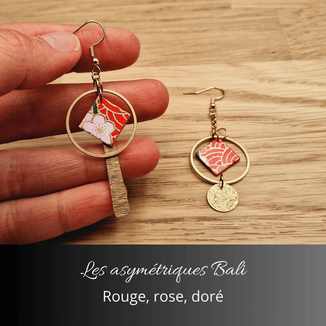 Boucles d'oreilles asymétriques Bali - Rouge, rose, doré