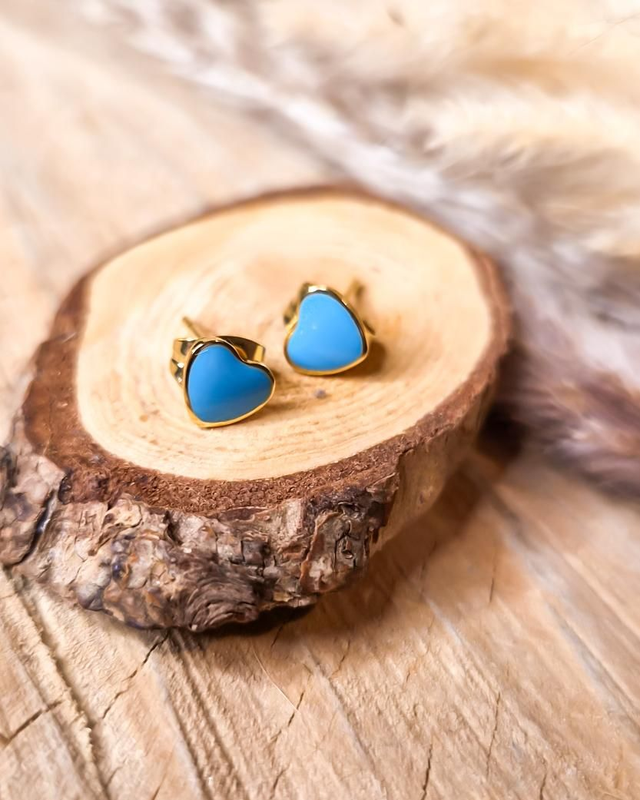 Boucles d'oreilles puces "Petits coeurs" - Modèle bleu et doré