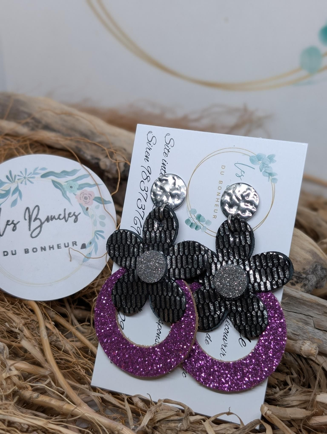 Boucles d'oreilles baby Marguerite violet paillettes argenté noir bl1149