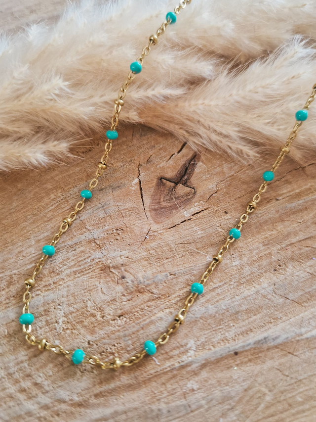 Collier finesse "Perles émaillées" - Modèle doré et turquoise