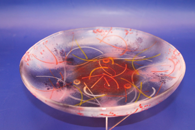 8" Shallow Fused glass Bowl in Pinks with a touch of Red