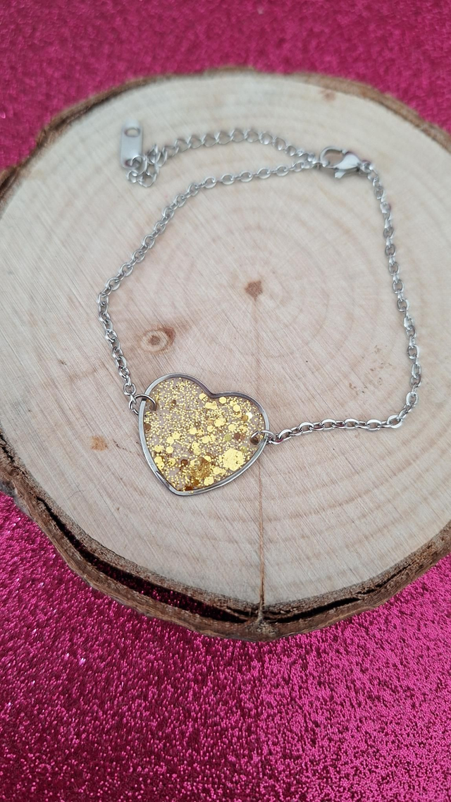 Bracelet argenté cœur paillettes dorées 