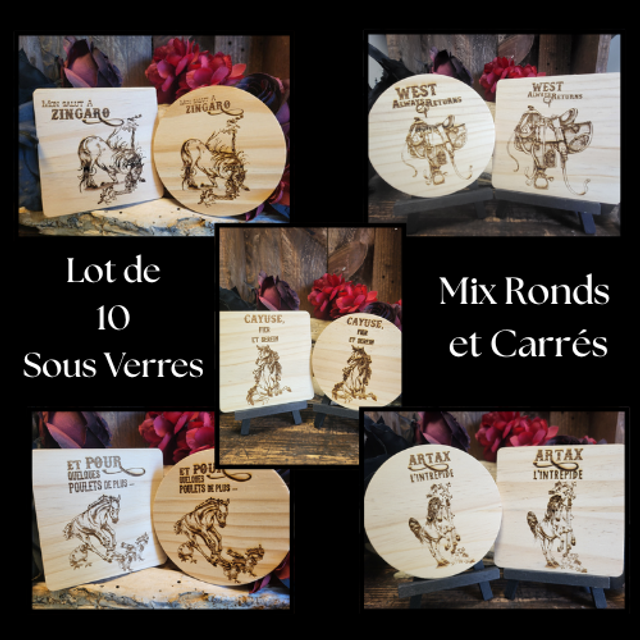 Lot 5 ou 10 Sous Verres en Bois &quot;Western&quot;