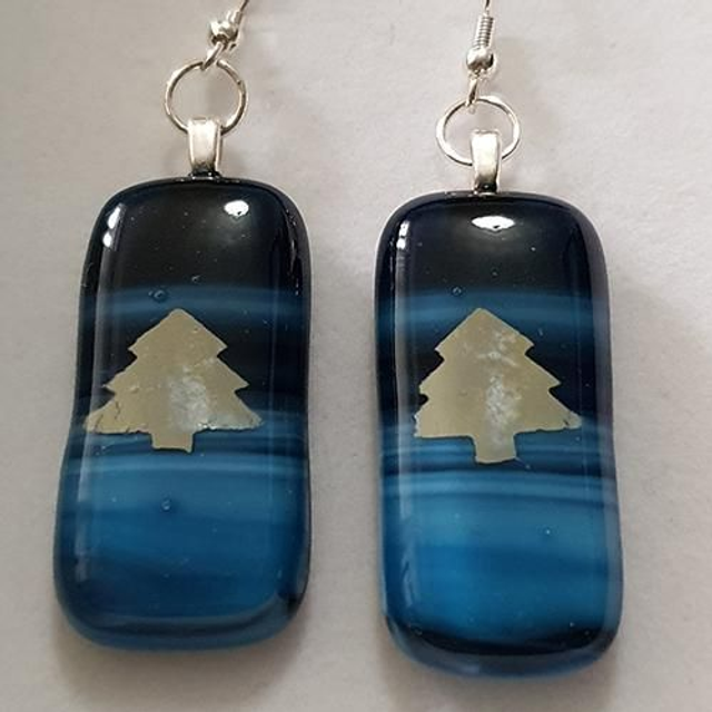 Whispy blue glass  with silver xmas tree design dangly earrings e38b