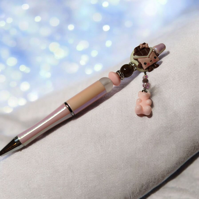 Stylo perles rose marron