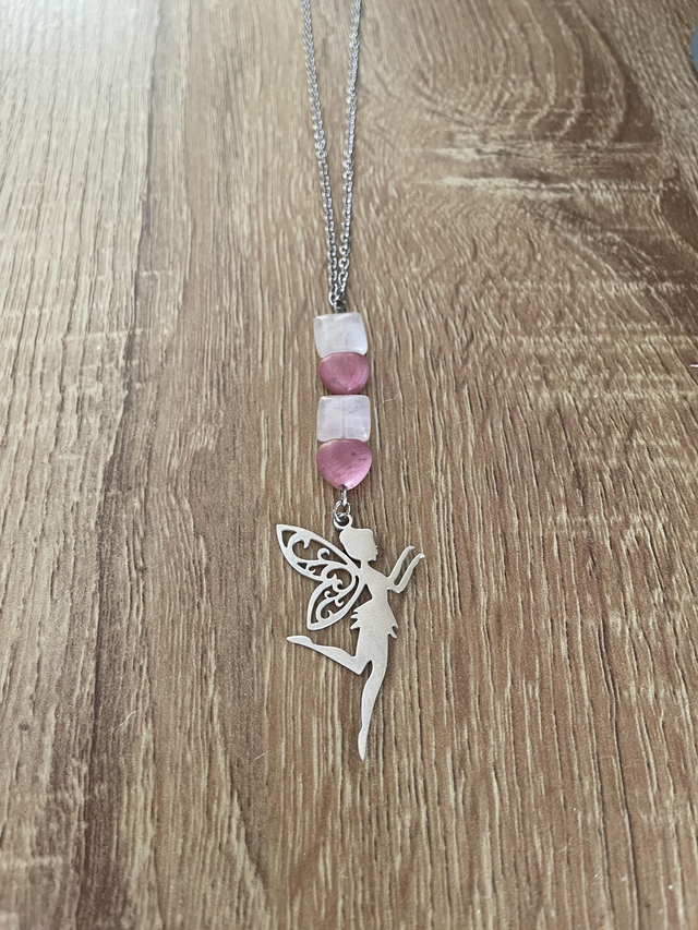 Collier Quartz rose carré et Rhodochrosite coeur