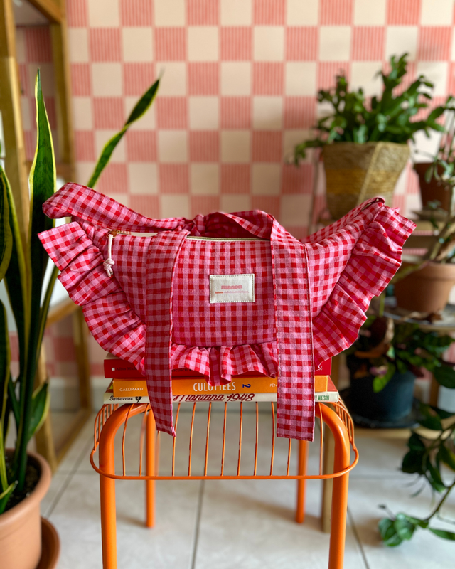 SAC CROISSANT Taille Moyenne - Vichy rouge et rose - Fait main à Reims (France)