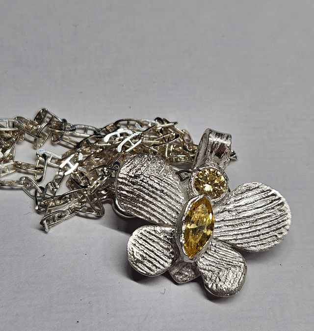 Fine silver butterfly and cubic zirconia pendant