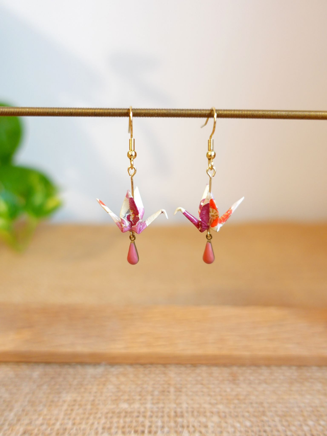 INOX doré / Origami grues, oiseaux / Papier japonais washi / Violet, Orange, or / Boucles d&#039;oreilles origami / 