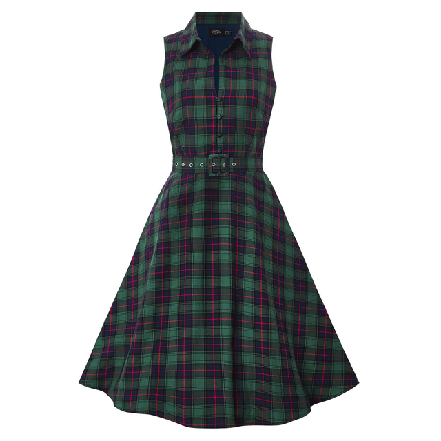 Poppy Retro Shirt Swing Dress in Green Checkered