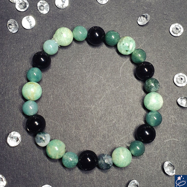 Bracelet élastique en amazonite, agate mousse et onyx