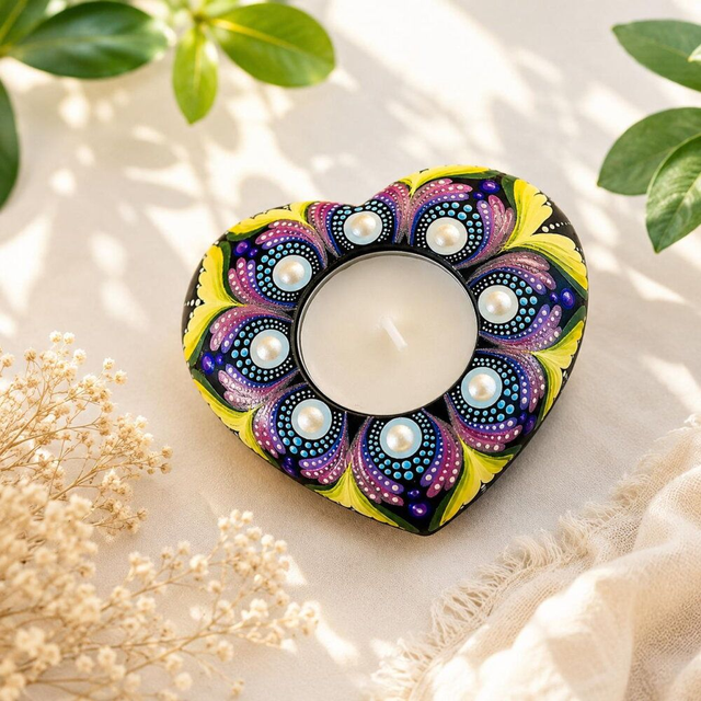 Bougeoir cœur mandala multicolore iridescent en plâtre résine – Peint à la main