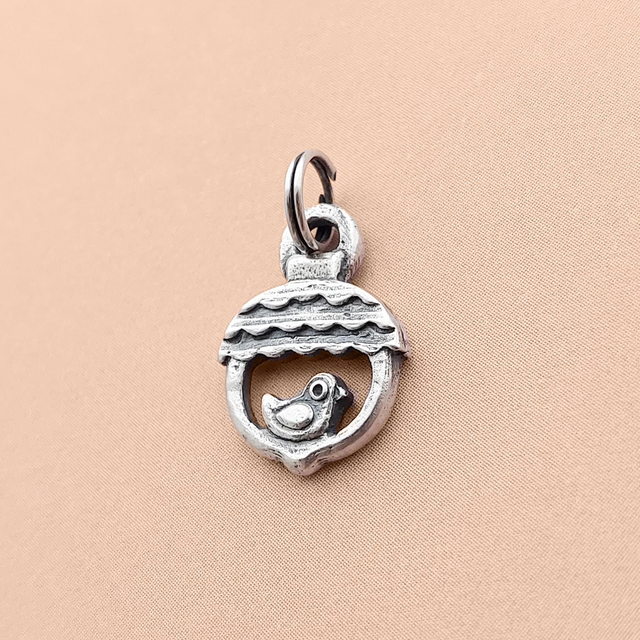 Silver Acorn Necklace - Tiny Bird Charm - Sterling Silver Pendant - Birdhouse Necklace