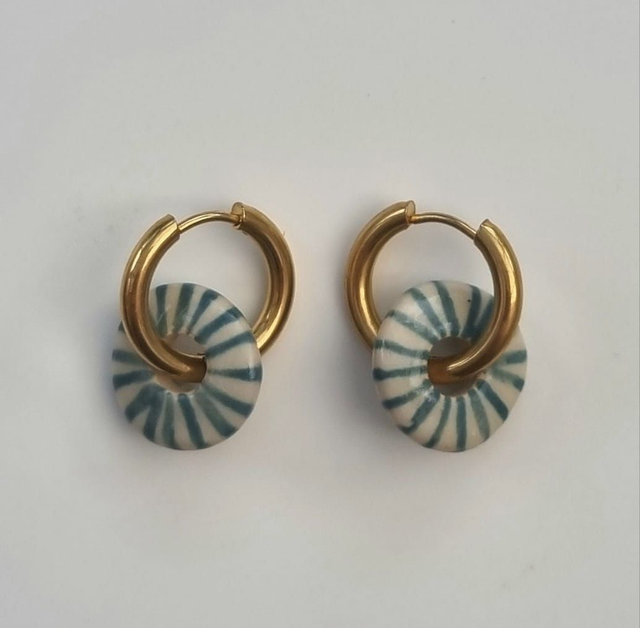 Ceramic Golden Hoop Earrings – Turquoise Stripes