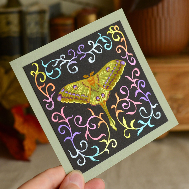 &quot;Lunar Moth&quot; gouache &amp; metallic watercolor mini painting