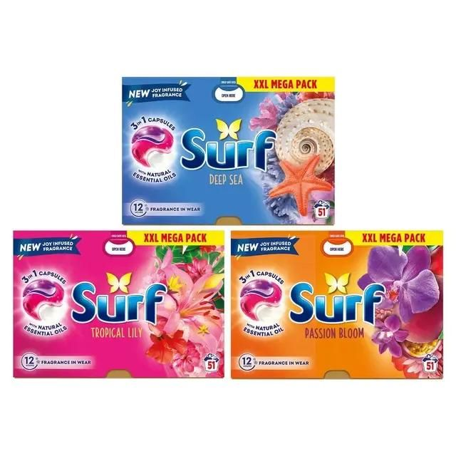 Surf 3in1 Laundry Detergent Capsules Deep Sea, Passion Bloom Or Tropical Lily,51W