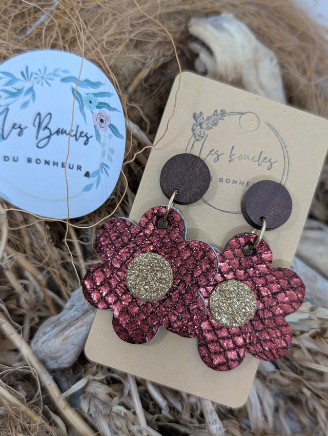 Boucles d&#039;oreilles fleur rétro m1128 bordeaux 