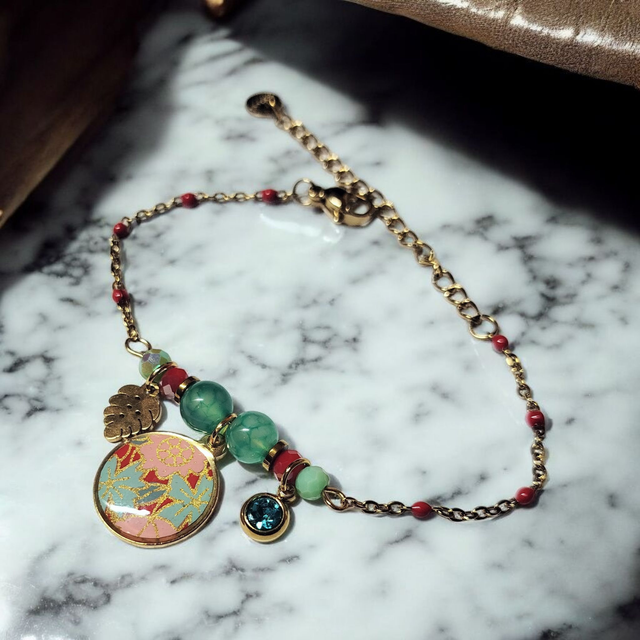 bracelet acier inoxydable motifs japonais bleu turquoise rouge et doré