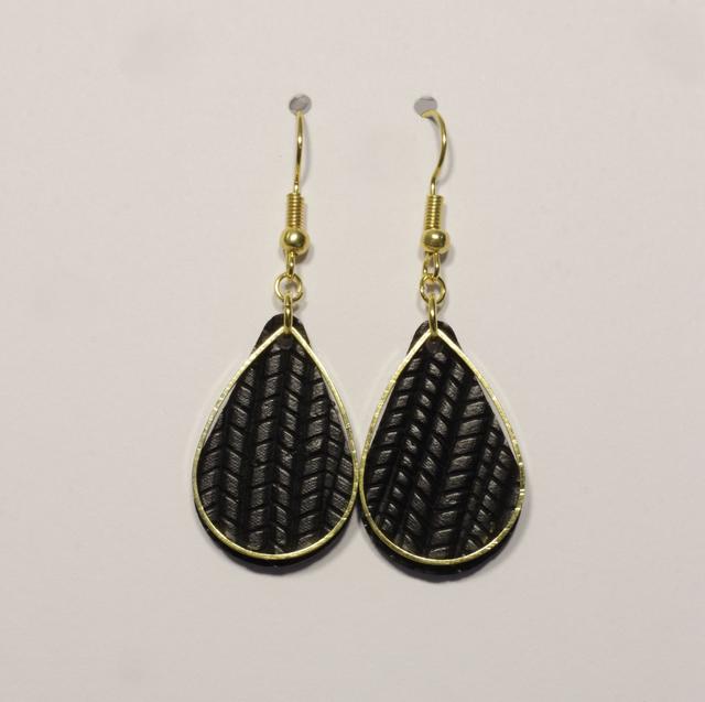 Black Leather and Gold Teardrop Earring