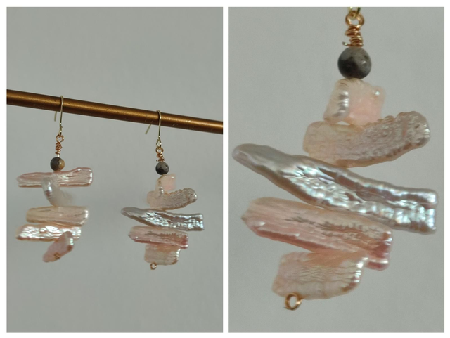 Z-Boucles d&#039;oreilles en nacre, perles en obsidienne ( pierres naturelles), fermoirs en acier inoxydable doré -sans nickel- pièce unique 