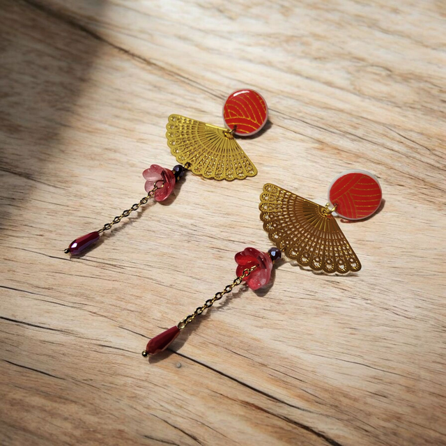 Boucles d'oreilles pendantes motifs japonais rouge