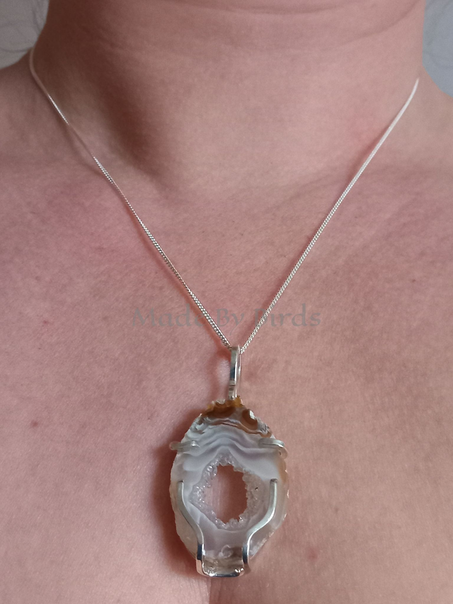 Agate Druzy Slice Sterling Silver Necklace