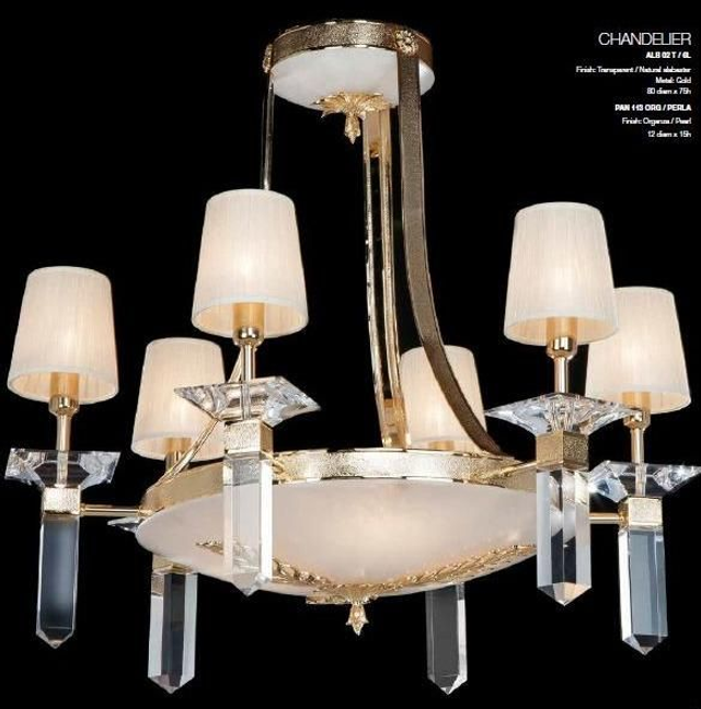 Deckenleuchter Acrylglas, Alabaster und Messing vergoldet mit Mäanderkante 6flammig 