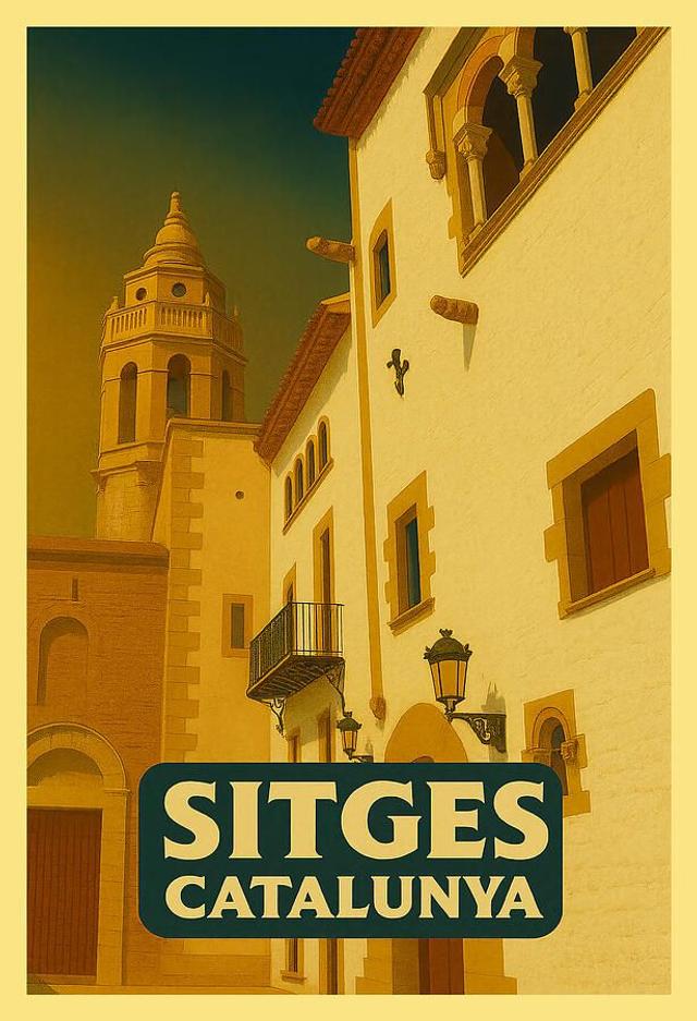 Póster de arte vintage Sitges Catalunya - Palau de Maricel Sala Vaixells Vista costera