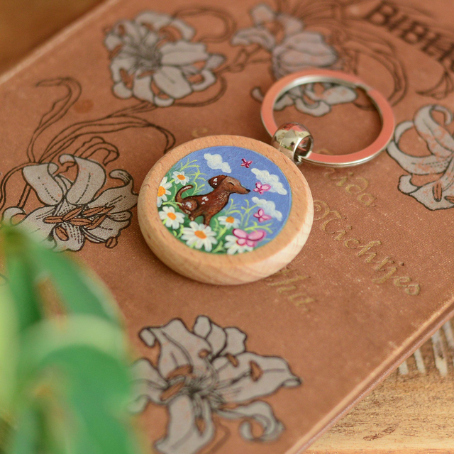 "A Doggo in the Clouds" Hand-Painted Wooden Keychain