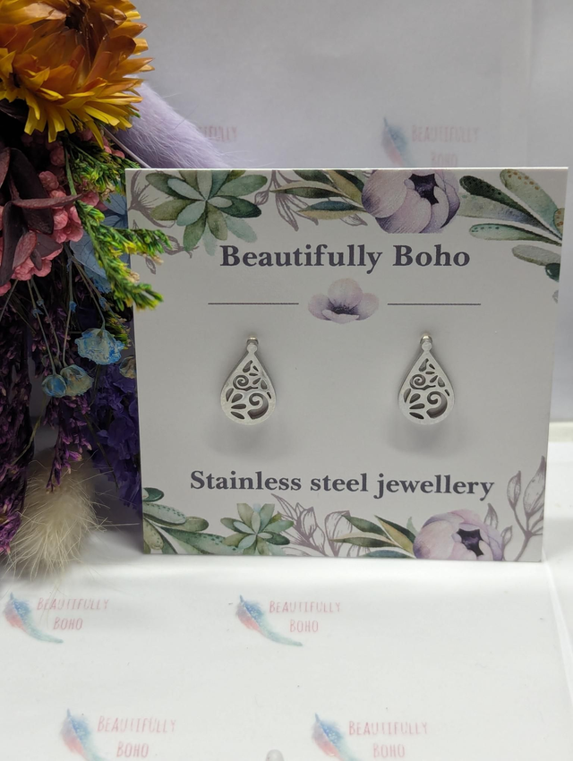 Stainless Steel Pattern Teardrop Stud Earrings