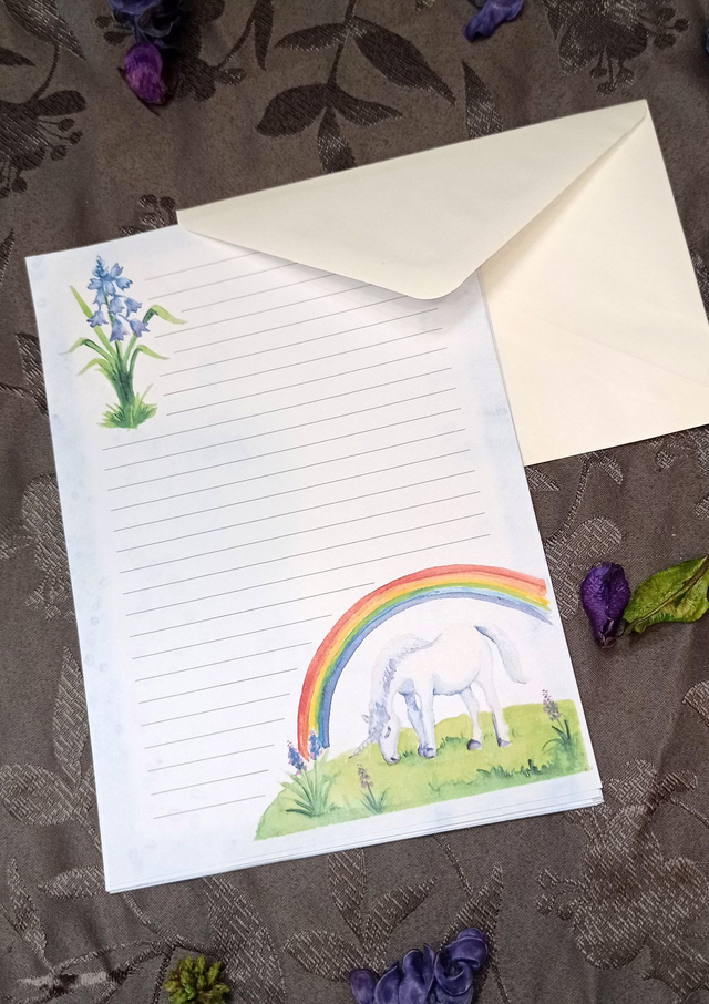Papier à lettres et enveloppes Licorne Arc-en-Ciel