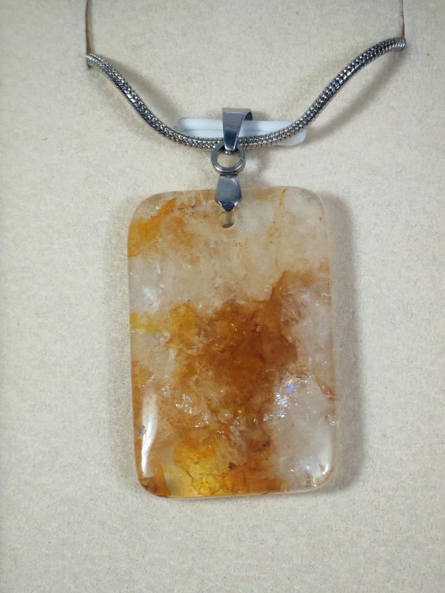 Pendentif quartz hématoïde rectangle, acier