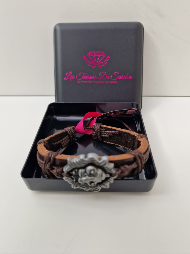 Bracelet Cuir Marron Tete De Lion