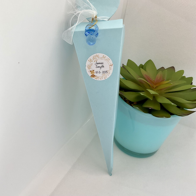 Personalised Blue party favour boxes with sweets. Pre-filled ,Confectionary and charms included.