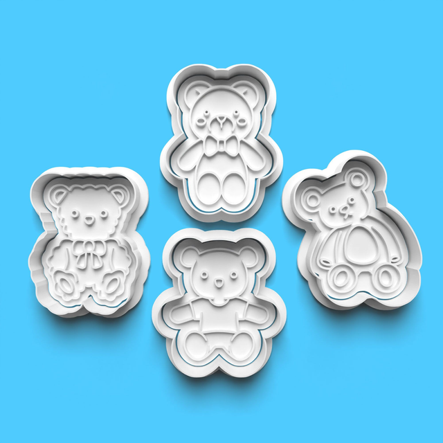 Cute teddy bear Cutter Embosser Set of 4 Cookie Cutters &amp; Stamps Biscuit Mould Debossed