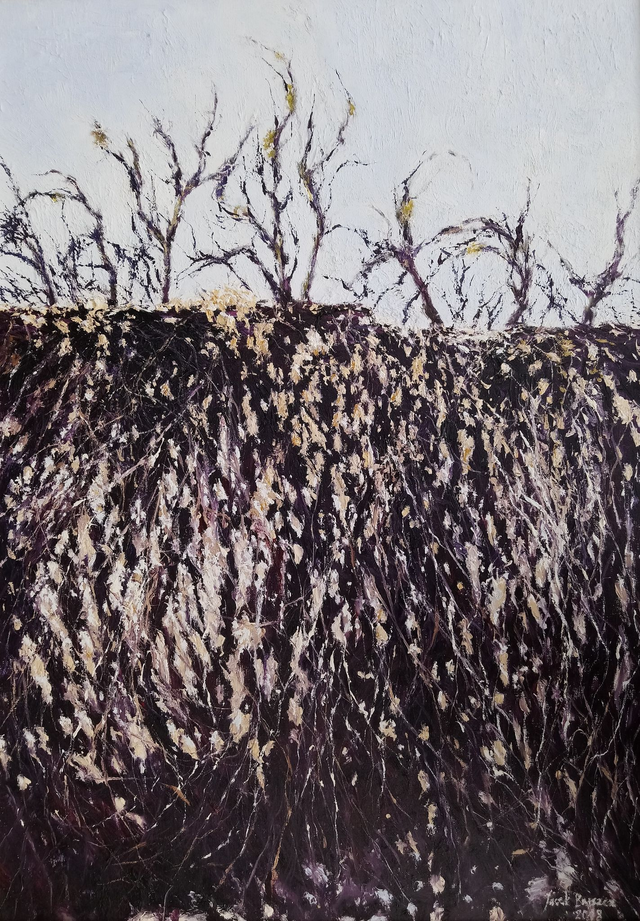 Drzewa za ogrodzeniem - Krajobraz zimowy z Kazimierza Dolnego, 92x65 olej płótno 2018