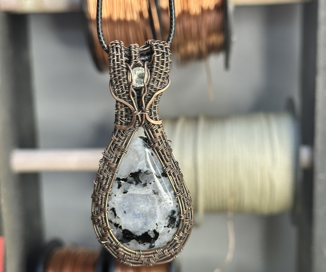 Rainbow moonstone pure copper wrapped pendant 