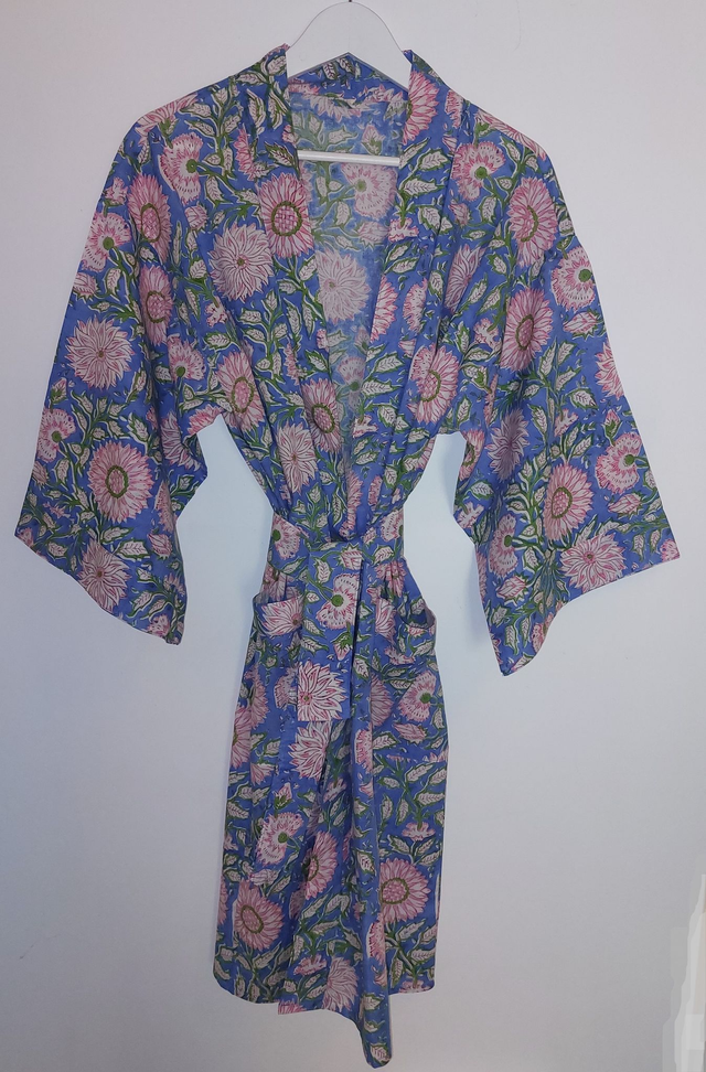 Robe kimono en coton, peignoir, robe de chambre, imprimé à la main, motif floral rose, bleu et vert, L.100cm 