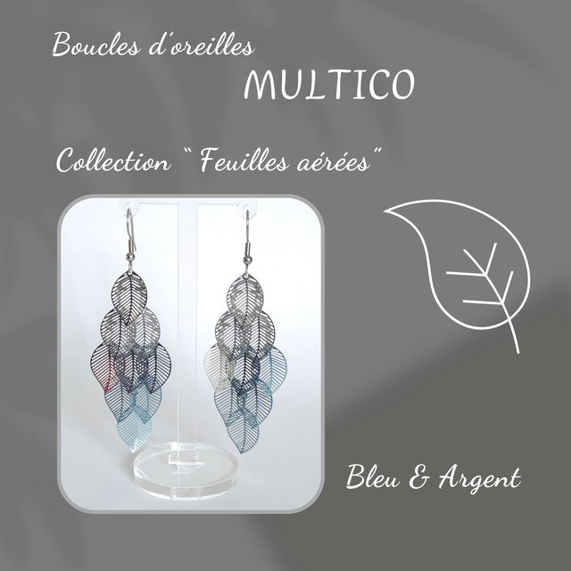 Boucles d&#039;oreilles MULTICO - Collection Feuilles aérées - Bleu et Argent