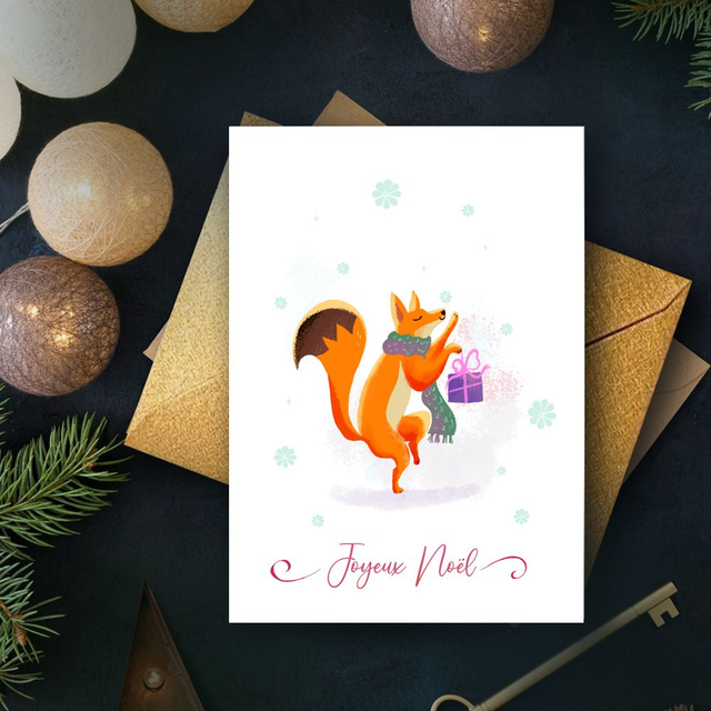 Carte de Voeux "Renard de Noël " avec enveloppe dorée
