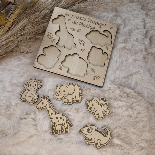 Puzzle bois personnalisé Animaux tropicaux pour enfant bébé, jeu éducatif et d'éveil - Idée cadeau garçon et fille