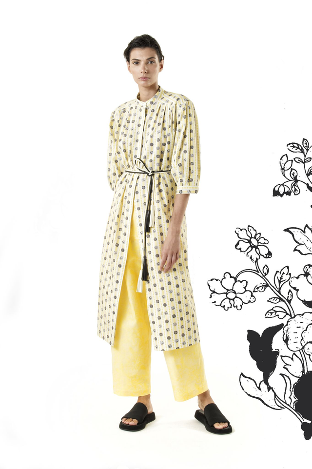 Abito camicione stampa riga e piattini gialla