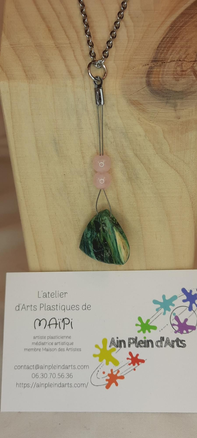 Collier peuplier vert quartz rose ech.