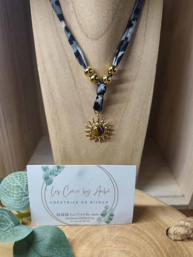 COLLIER SOLEIL/ OEIL DU TIGRE/ TISSU LEOPARD GRIS 0001236